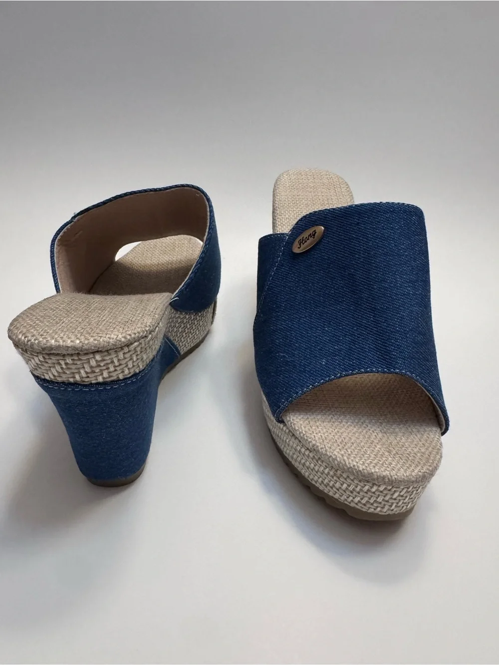 Denim Blue Wedge Slide Sandals for Women